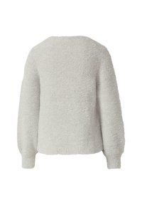 Grauer, strukturierter Pullover mit langen Ärmeln, lockerer Passform und rundem Halsausschnitt. Weiche Wolle mit subtilen Glitzereffekten im gesamten Material.