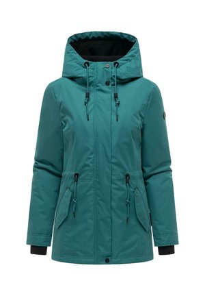 Veste d'hiver à capuche vert sarcelle avec fermeture éclair devant, boutons-pression, cordons réglables, deux poches à rabat et manches longues avec poignets intérieurs noirs.