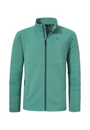 Grüne, gerippte Fleecejacke mit durchgehendem Reißverschluss, Stehkragen, zwei Reißverschlusstaschen an den Seiten und kleinem Logo auf der linken Brust und dem linken Ärmel.