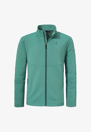 Grüne, gerippte Fleecejacke mit durchgehendem Reißverschluss, Stehkragen, zwei Reißverschlusstaschen an den Seiten und kleinem Logo auf der linken Brust und dem linken Ärmel.