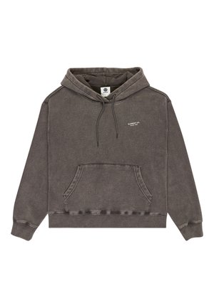 Gray cotton hoodie with a kangaroo pocket, drawstring hood, ribbed cuffs and hem, featuring "ELEMENT CO. SINCE 1992" printed on the chest.