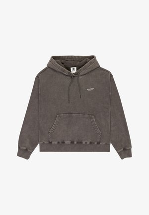 Grå bomull hettegenser med kengurulomme, snor i hetten, ribbestrikkede mansjetter og kant, med "ELEMENT CO. SINCE 1992" trykket på brystet.