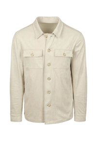 Beige, button-up jas van zacht materiaal, met een kraag, twee borstzakken en een rechte zoom met lange mouwen.