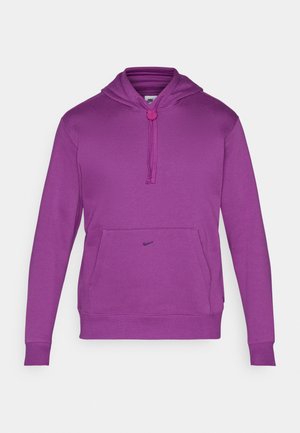 Purple sweatshirt with a hood, featuring a front kangaroo pocket and drawstring closure. Nike logo in black on the chest. Soft fabric texture.