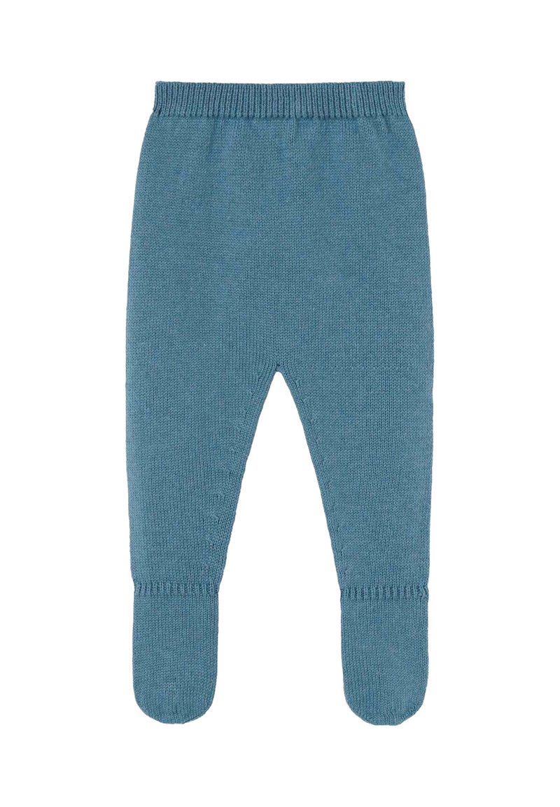 Leggings pour bébé tricotés dans une douce couleur bleue, avec une taille côtelée, un design avec pieds et une texture extensible pour le confort et la liberté de mouvement.