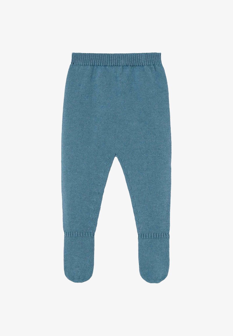 Leggings pour bébé tricotés dans une douce couleur bleue, avec une taille côtelée, un design avec pieds et une texture extensible pour le confort et la liberté de mouvement.