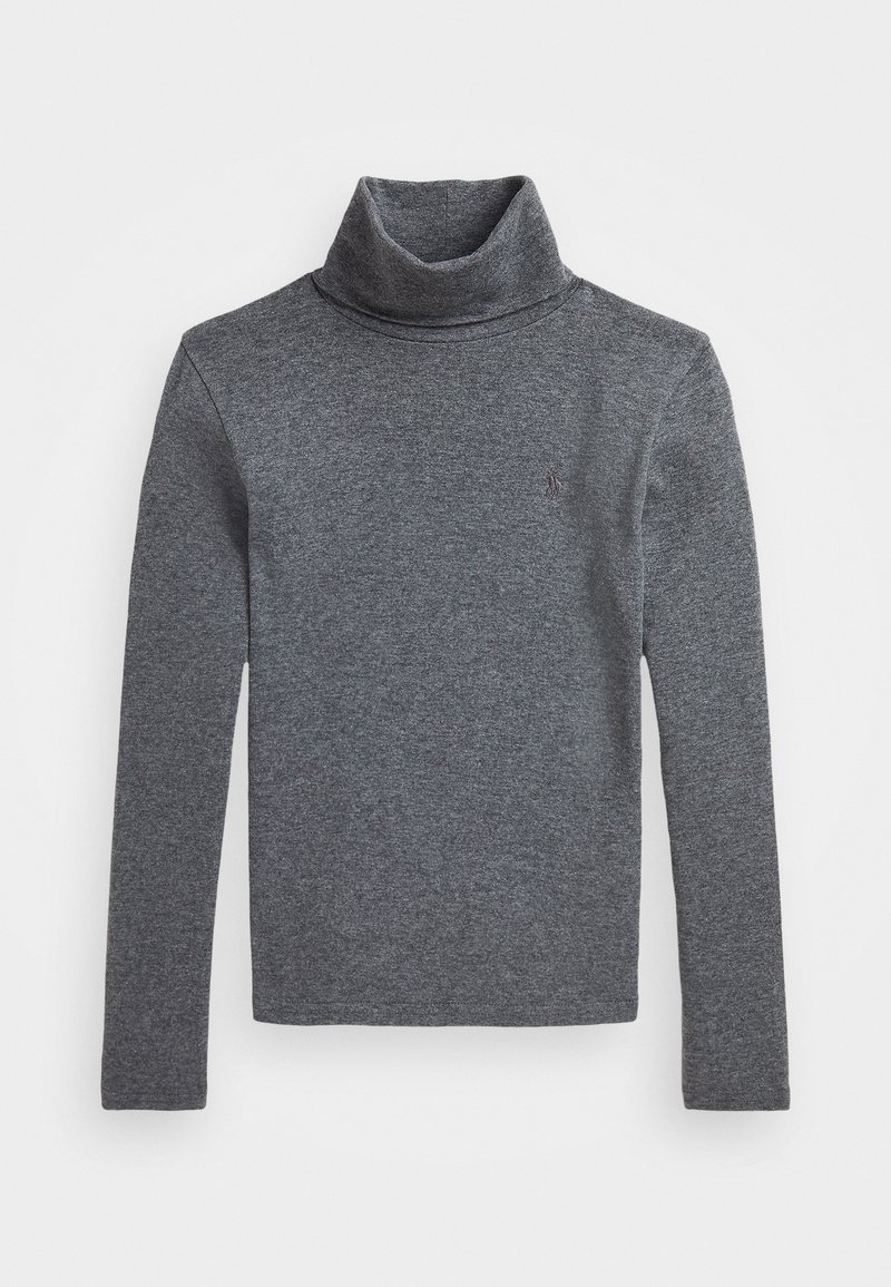 Suéter de cuello alto gris hecho de una tela suave y texturizada. Presenta mangas largas y un cuello alto, con un pequeño logo en el pecho.