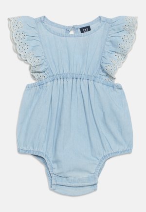 Light blue baby romper with elastic waist and leg openings, featuring ruffled eyelet lace sleeves and a back button closure.
