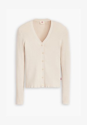 Beige soonikardigan V-kaelusega, pika varrukaga ja nupuga kinnitusega. Lõpetatud lainelise äärega ja diskreetse logo etiketiga.
