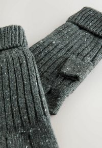 Gray knitted fingerless gloves feature a ribbed design, soft texture, and small fold-over cuffs, with white flecks throughout for detail.