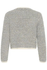 Grå og gull strukturert cardigan med lange ermer, kort design, og kremfarget ribbestrikket hals og kant. Ingen lukking synlig.
