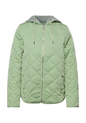 Chaqueta acolchada verde claro con cremallera frontal, bolsillos laterales con broches y capucha gris adjunta con cordones ajustables.