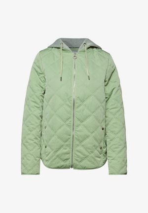 Veste matelassée vert clair avec fermeture éclair frontale, poches latérales à pression, et capuche grise attachée avec cordons de serrage.
