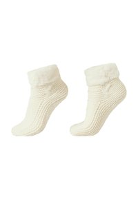 Chaussettes tricotées de couleur crème avec un revers en fausse fourrure, présentant des points de texture et une forme courbée confortable. Idéales pour la chaleur et le confort.