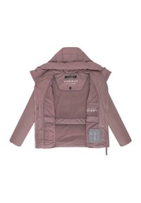 En rosa vadderad jacka liggande platt som visar ett fleece-fodrat inre och flera innerfickor med etiketter och varumärket "Marikoo."