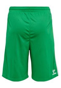 Pantaloni sportivi verdi realizzati in tessuto liscio, con una striscia laterale bianca e una cintura elastica; logo stampato in basso a destra.