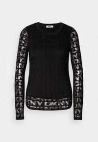 Schwarzes Langarmoberteil mit DKNY-Logo-Muster, das über ein transparentes Mesh-Ärmeldesign und einen runden Halsausschnitt verfügt. Weicher, leichter Stoff.