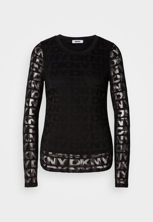 Haut à manches longues noir avec motif logo DKNY, présentant un design de manches en maille transparente et un col rond. Tissu doux et léger.