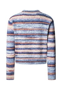 Strikket sweater med et cropped design med horisontale striber i blå, beige og rust. Blød tekstur og ribbet halsudskæring samt manchetter.