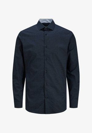 Marineblaues Hemd mit Knöpfen, das ein dezentes strukturiertes Muster aufweist, lange Ärmel, einen klassischen Kragen und schwarze Knöpfe hat, hergestellt aus leichtem Stoff.