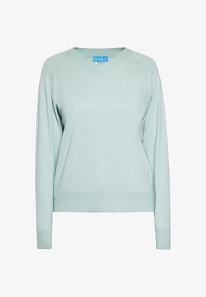 Jasno miętowy sweter z dekoltem w serek, długimi rękawami raglanowymi oraz prążkowanymi mankietami i dolnym wykończeniem, wykonany z miękkiej, teksturowanej tkaniny.