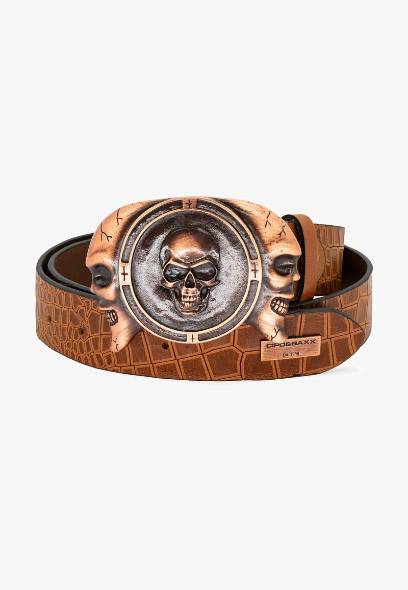 Brown leather belt with a crocodile pattern, featuring a metallic skull buckle and two smaller skull accents. Engraved brand logo present.