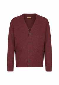 Burgunderfarbener Cardigan aus weichem Strickmaterial, mit V-Ausschnitt, sechs schwarzen Knöpfen und zwei Fronttaschen. Einfaches, vielseitiges Design.