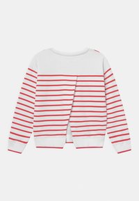 Biała bluza z czerwonymi poziomymi paskami, okrągłym dekoltem, długimi rękawami i rozporkiem z tyłu. Miękka tkanina, casualowy design.