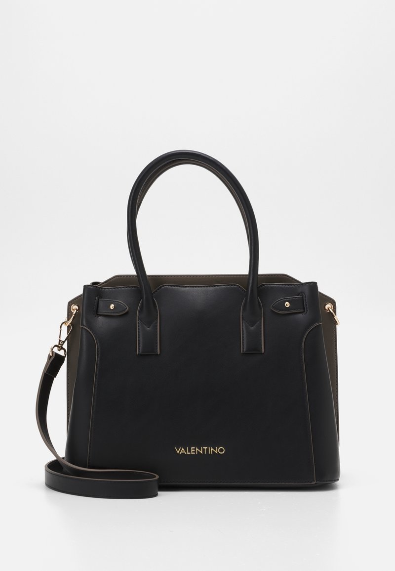 Leather handbag featuring a structured design, black color with gold-tone hardware, dual handles, and a detachable shoulder strap.