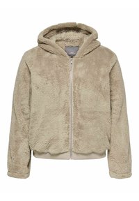 Beżowa polarowa bluza z kapturem na zamek, charakteryzująca się miękką teksturą, kapturem i prążkowanymi mankietami. Design zawiera zamek błyskawiczny z przodu oraz elastyczny dół.