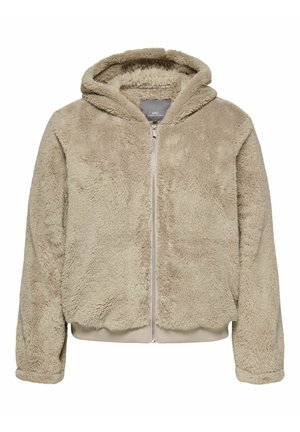Beige fleeced hoodie met ritssluiting, voorzien van een zachte textuur, capuchon en geribde manchetten. Het ontwerp bevat een ritssluiting aan de voorkant en een elastische zoom.