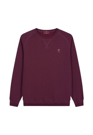 Bordeaux crewneck sweatshirt van zacht materiaal, met een geribbelde halslijn en manchetten, en een klein geborduurd ontwerp op de borst.