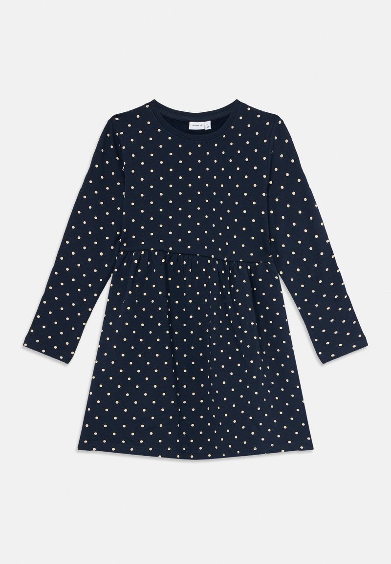 Marineblaues langärmliges Kleid mit cremefarbenen Punkten, Rundhalsausschnitt und geraffter Taille für Mädchen.