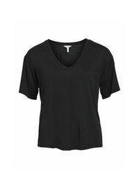 Sort kortærmet T-shirt med V-udskæring, lavet af blødt stof, med en afslappet pasform, glat tekstur og uden synlige mønstre eller accenter.