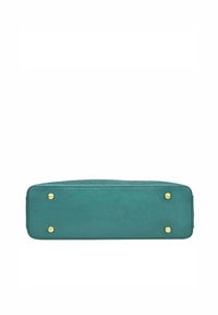 Teal leren handtas met een rechthoekige vorm, voorzien van gouden hardwareaccenten en vier metalen voeten voor stabiliteit. Gladde textuur.