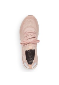 Light pink athletic shoe with mesh upper, round toe, reinforced heel, and lace-up design. Textured sole with logo on the insole.