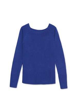 Suéter de punto azul con un escote amplio, puños y dobladillo acanalados. Textura suave y forma ajustada con mangas largas.