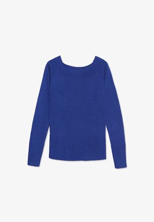 Suéter de punto azul con un escote amplio, puños y dobladillo acanalados. Textura suave y forma ajustada con mangas largas.