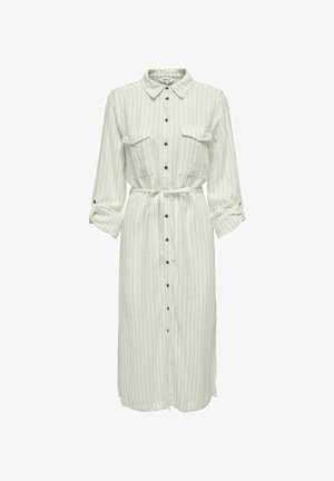 Robe longue à boutons en crème clair avec des rayures verticales. Dotée de manches roulées, d'une taille à nouer et de deux poches poitrine. Accentuée avec des boutons foncés.