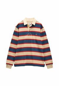 Raidallinen pitkähihaisen polo-paita, jossa värit kerma, laivastonsininen ja punainen. Sisältää kauluksen, nappikiinnityksen, sivusplitit ja kirjailtua logoa rinnassa.