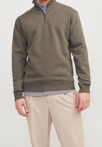 Suéter de manga larga en verde oliva con cuello de media cremallera; tejido suave; superpuesto sobre una camisa a rayas; corte relajado; dobladillo liso.