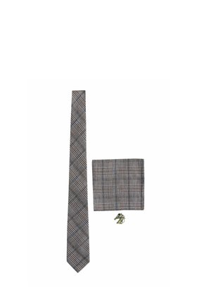 Gray plaid necktie, matching pocket square, and a small silver horse head pin arranged on white background.