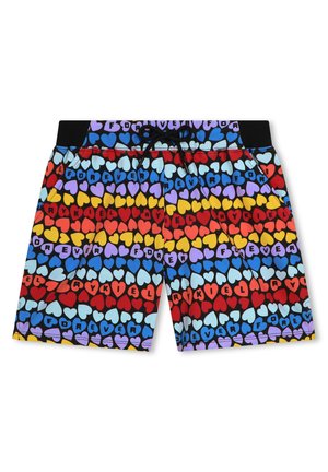 Costumi da bagno colorati con un motivo di cuori in rosso, blu, viola, giallo e nero, con vita regolabile con cordoncino e tasche laterali.