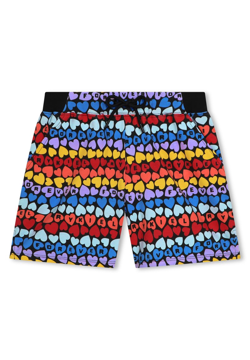 Costumi da bagno colorati con un motivo di cuori in rosso, blu, viola, giallo e nero, con vita regolabile con cordoncino e tasche laterali.
