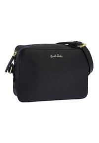 Zwarte crossbodytas van gestructureerd materiaal met een gouden rits en logo. Beschikt over een afneembare schouderband en heeft een rechthoekige vorm.