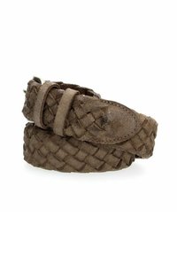 Cintura intrecciata in pelle marrone con una texture morbida, dotata di una fibbia liscia e di un anello. Il design è flessibile e regolabile per diverse misure.