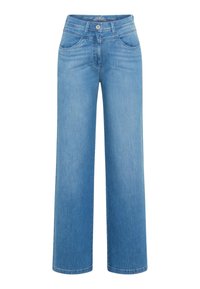 Lichtblauwe pantalons van denim met een hoge taille, voorzakken en een knoopsluiting, met een rechte zoom.