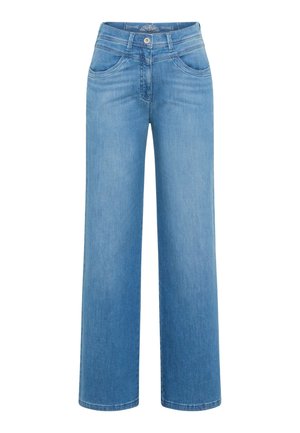 Jean large en denim bleu clair, doté d'une taille haute, de poches avant et d'une fermeture à bouton avec un ourlet droit.