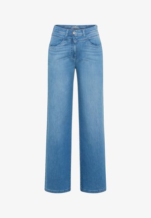 Lichtblauwe pantalons van denim met een hoge taille, voorzakken en een knoopsluiting, met een rechte zoom.