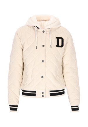 Beige quiltet kordfløjlsjakke med hætte, som har sorte ribkantede ærme- og taljebånd samt en fremtrædende sort "D"-logo foran.